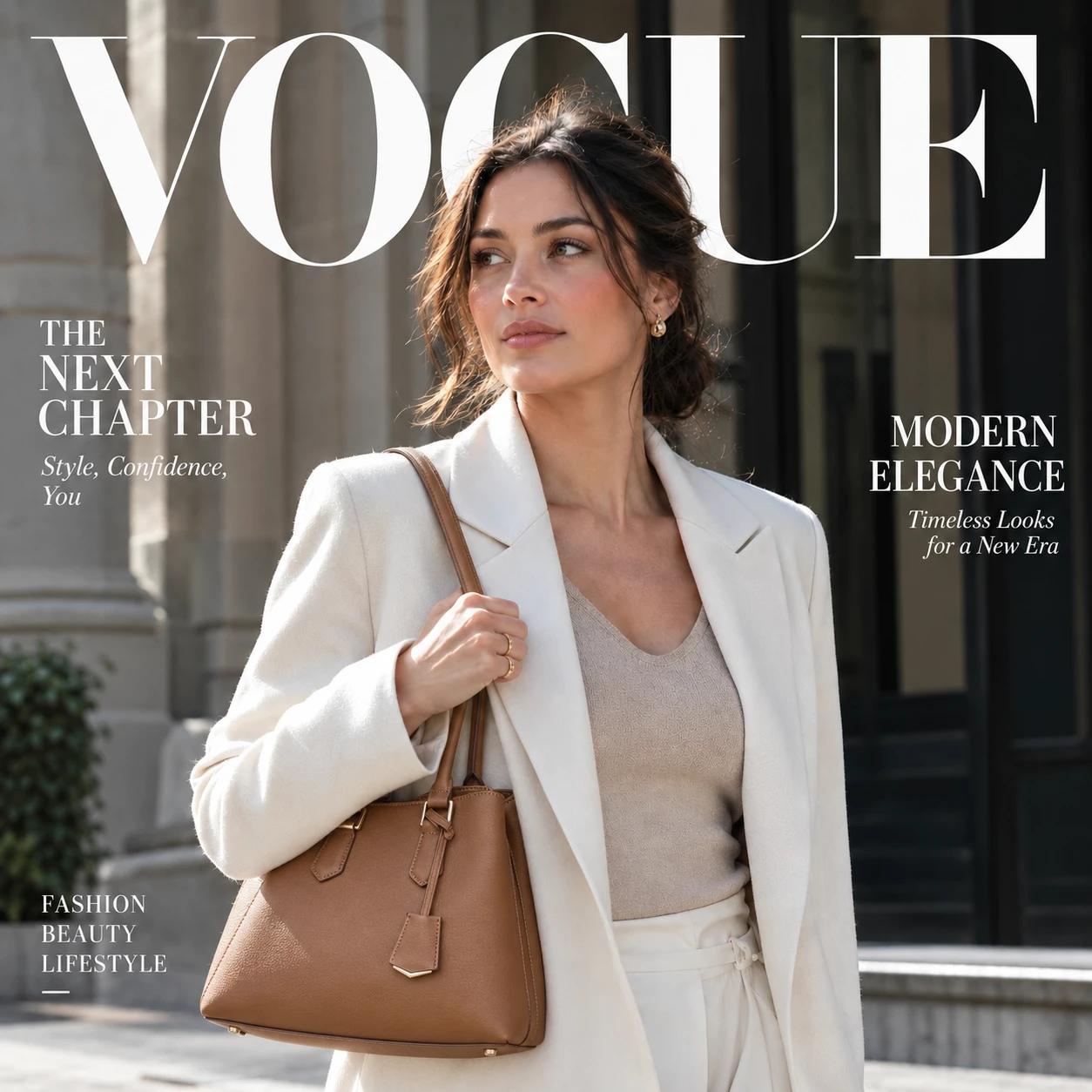 Fashion magazine cover featuring a woman in a white suit carrying a tan leather handbag