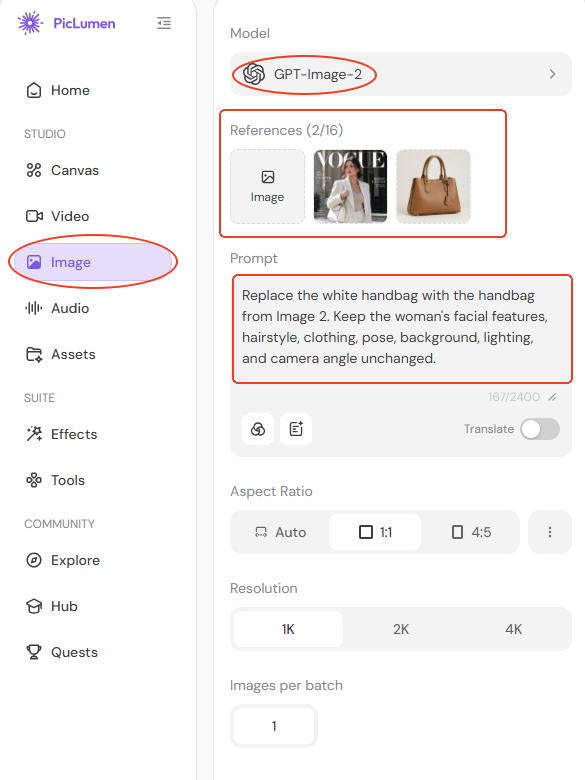 PicLumen GPT-Image-2 prompt interface for replacing a handbag with reference images
