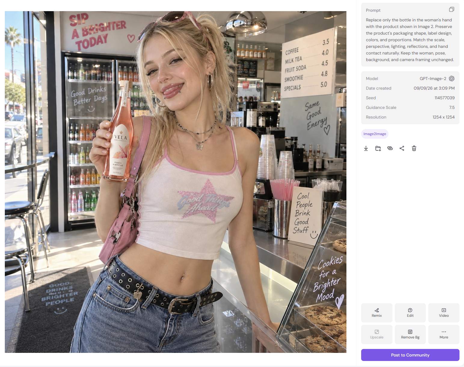 AI product replacement showing a woman holding a Vela Peach Hibiscus bottle in a soda shop