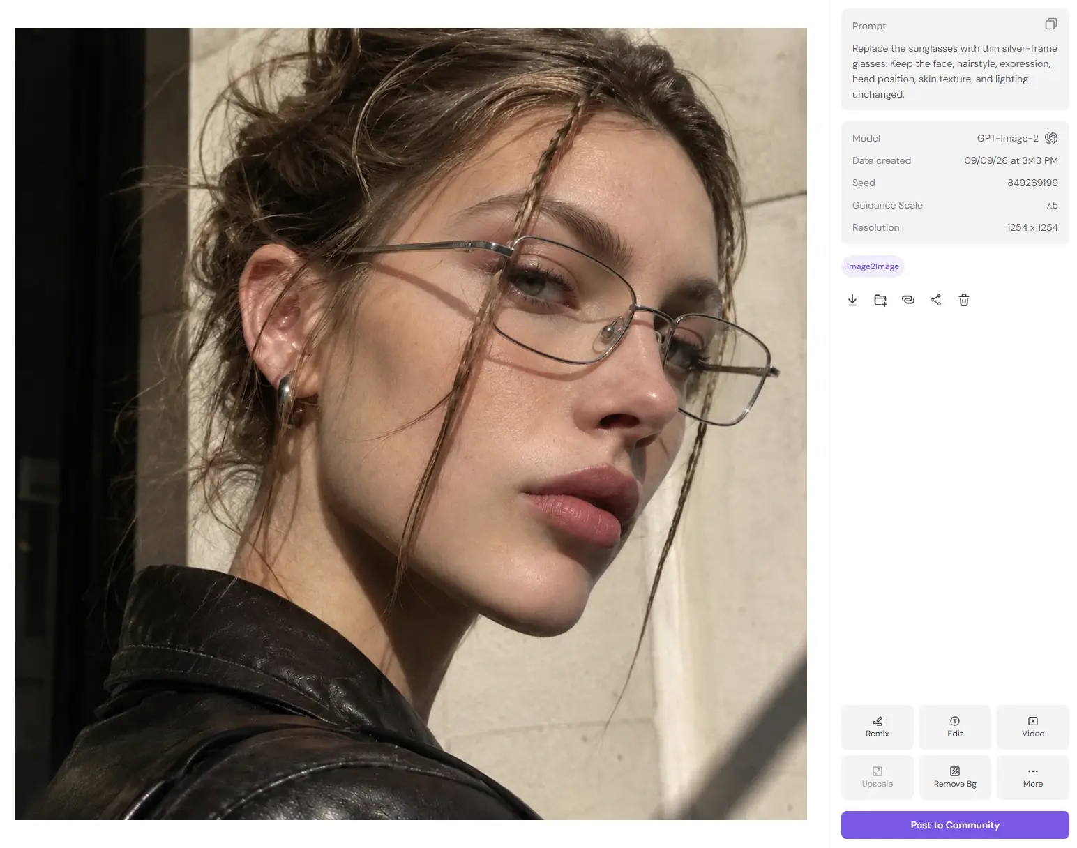 AI detail replacement showing a woman wearing thin silver-frame glasses