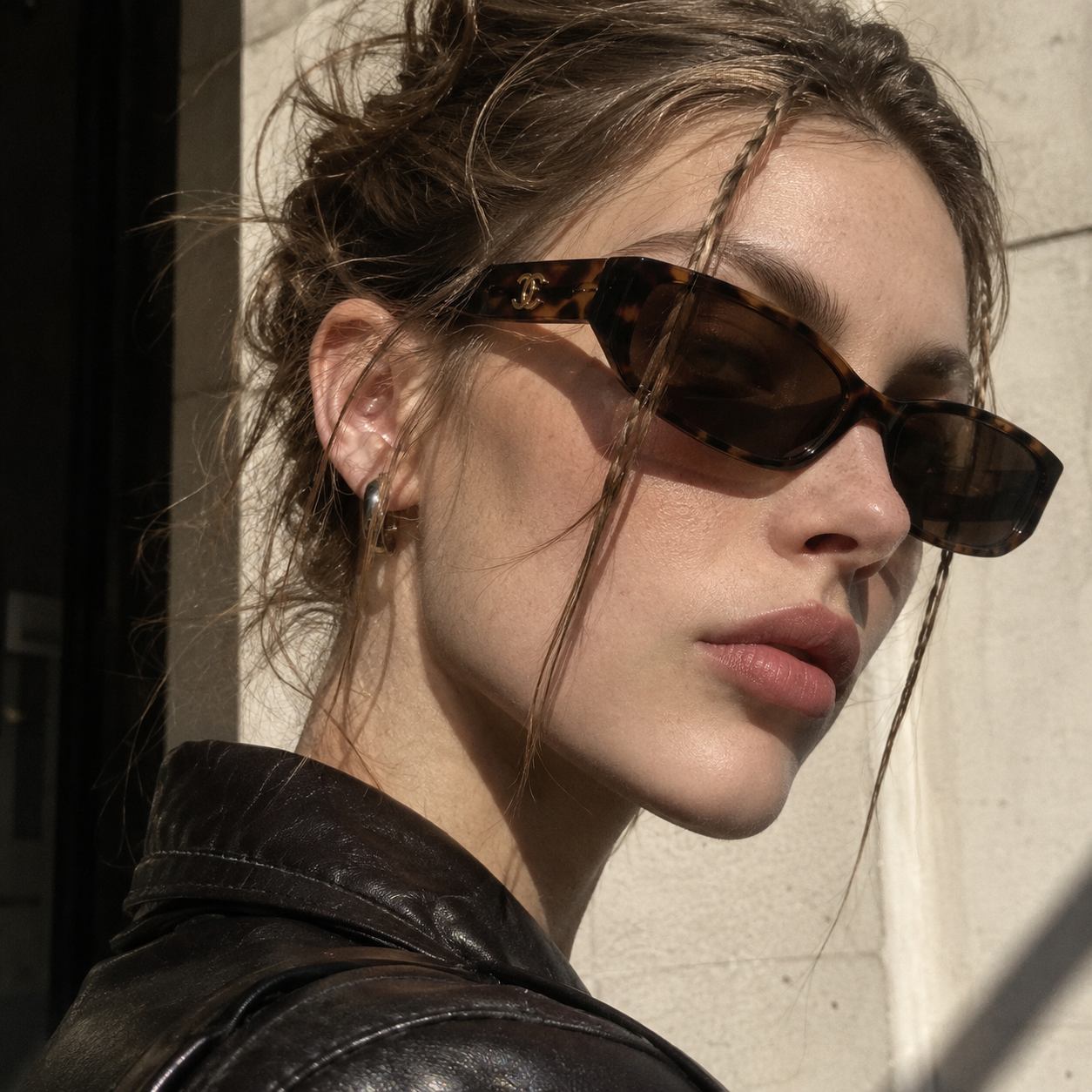 Close-up portrait of a woman wearing tortoiseshell sunglasses and a black leather jacket