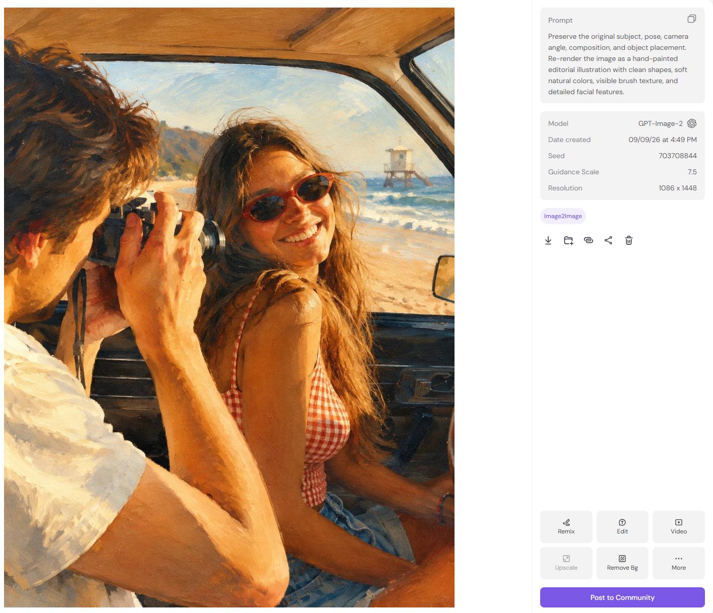 AI-restyled painted illustration of a man photographing a smiling woman in a car by the beach