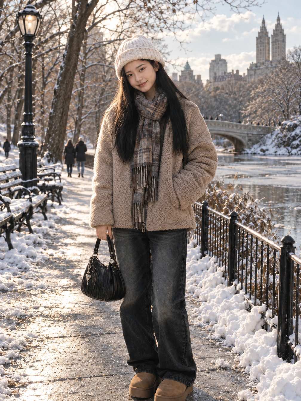 Young woman carrying a black handbag on a snowy Central Park path