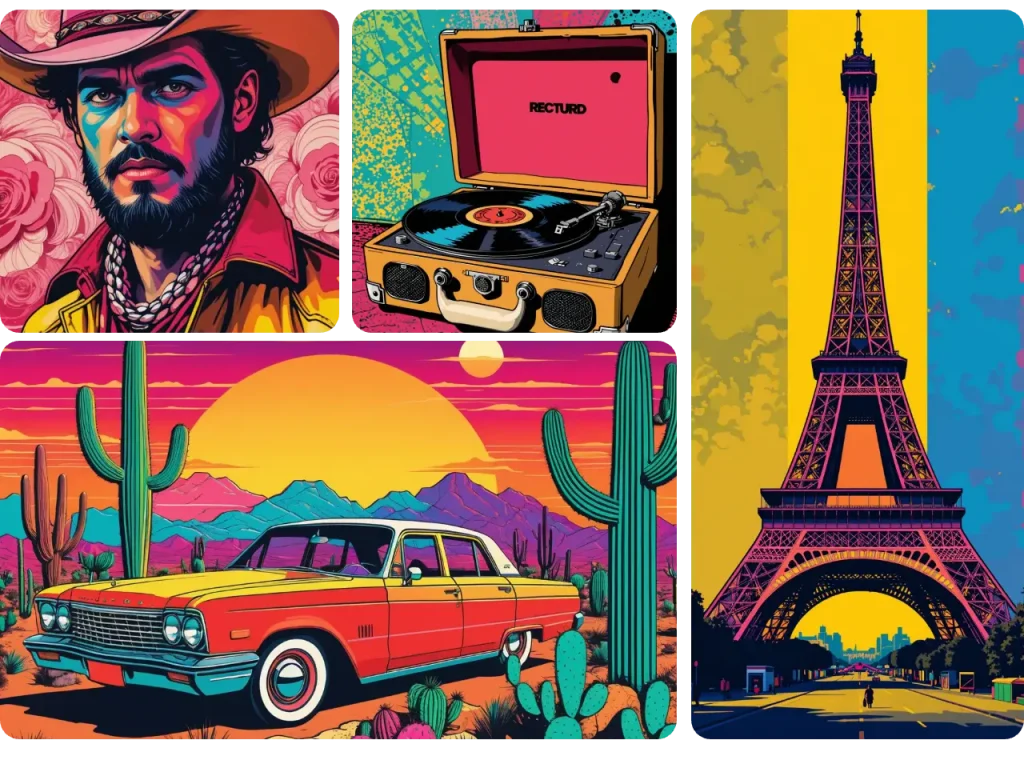 four photos of different objects generated by piclumen ai pop art generator