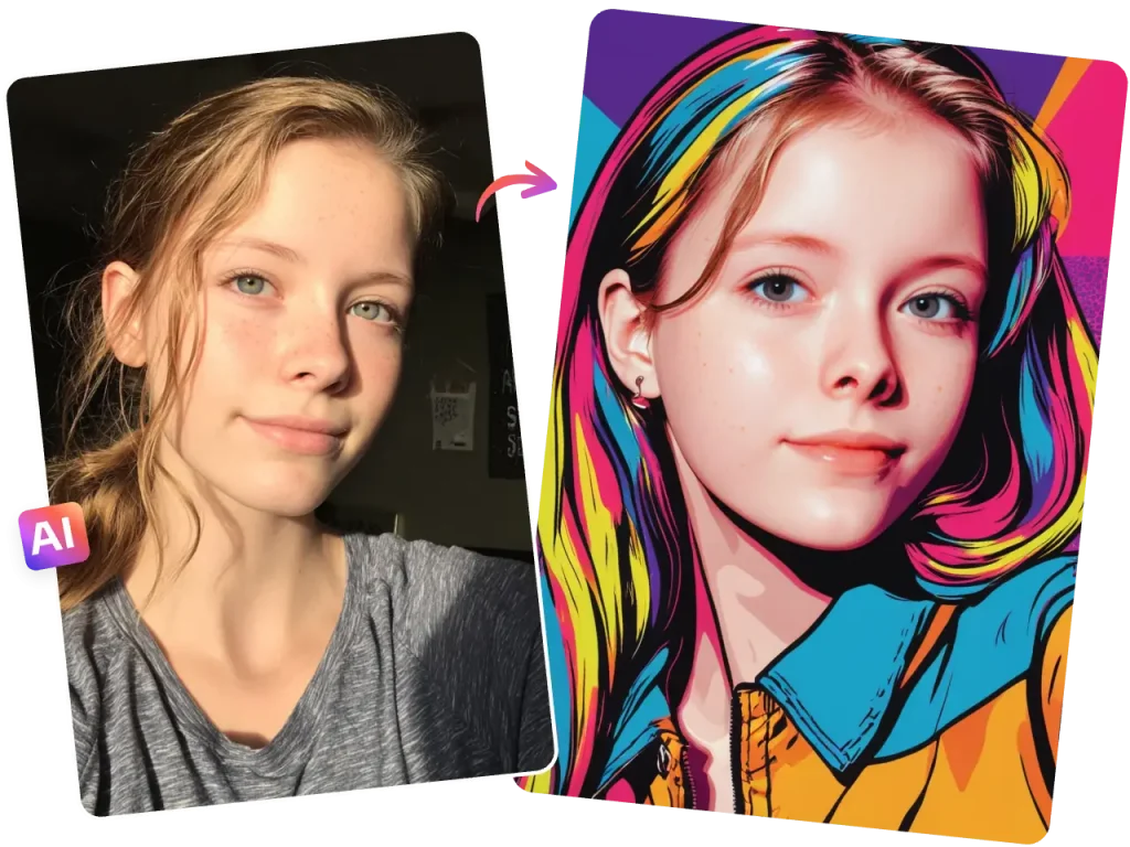 the effect of using piclumen ai pop art generator to transfrom a female selfie into pop ar