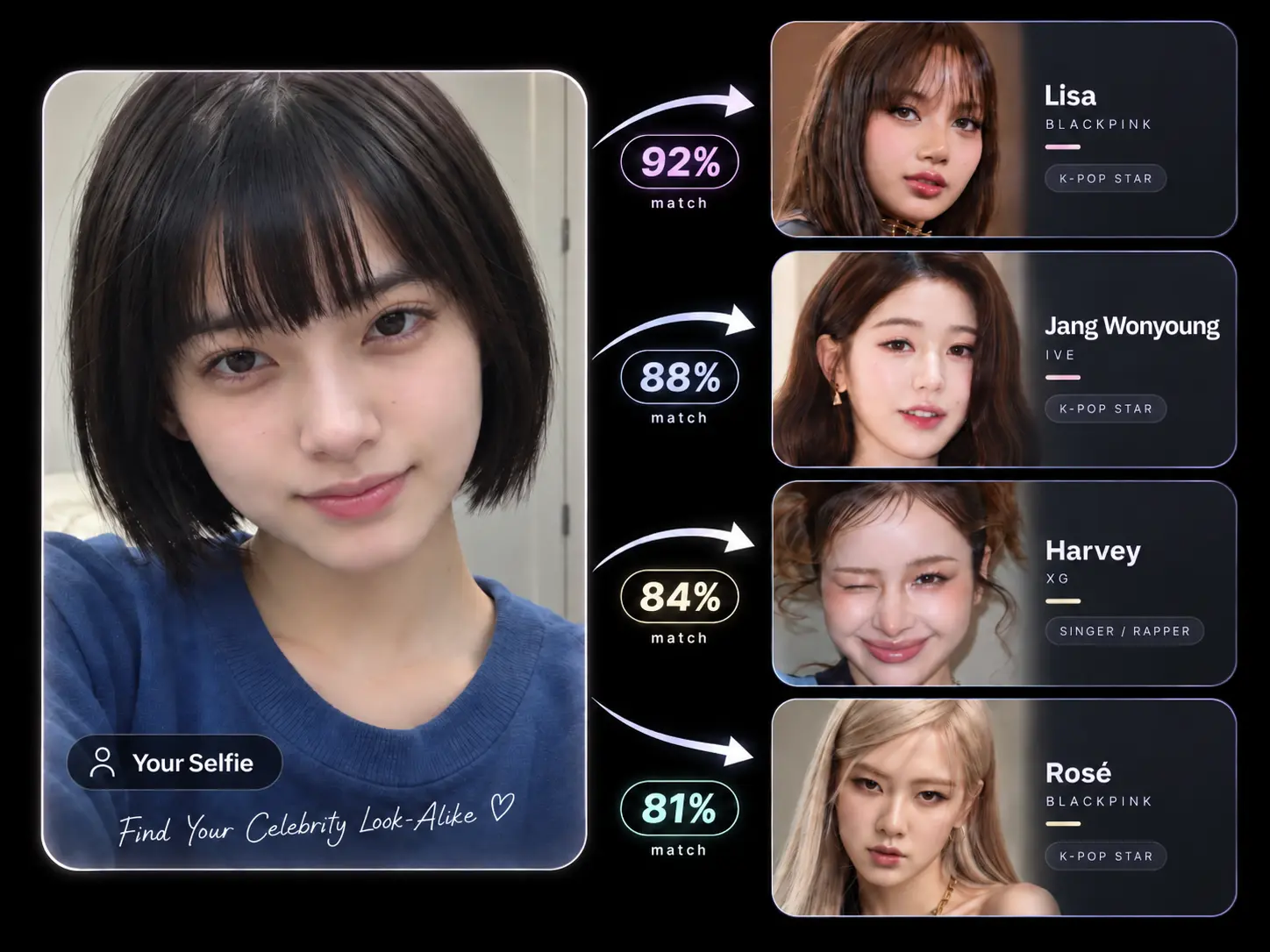 PicLumen celebrity look alike finder matching a selfie with K-pop stars Lisa, Jang Wonyoung, Harvey, and Rosé