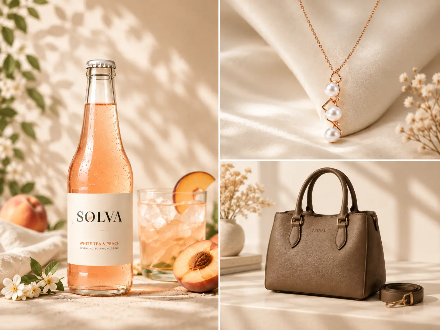 product images for drinks, jewelry, and handbags