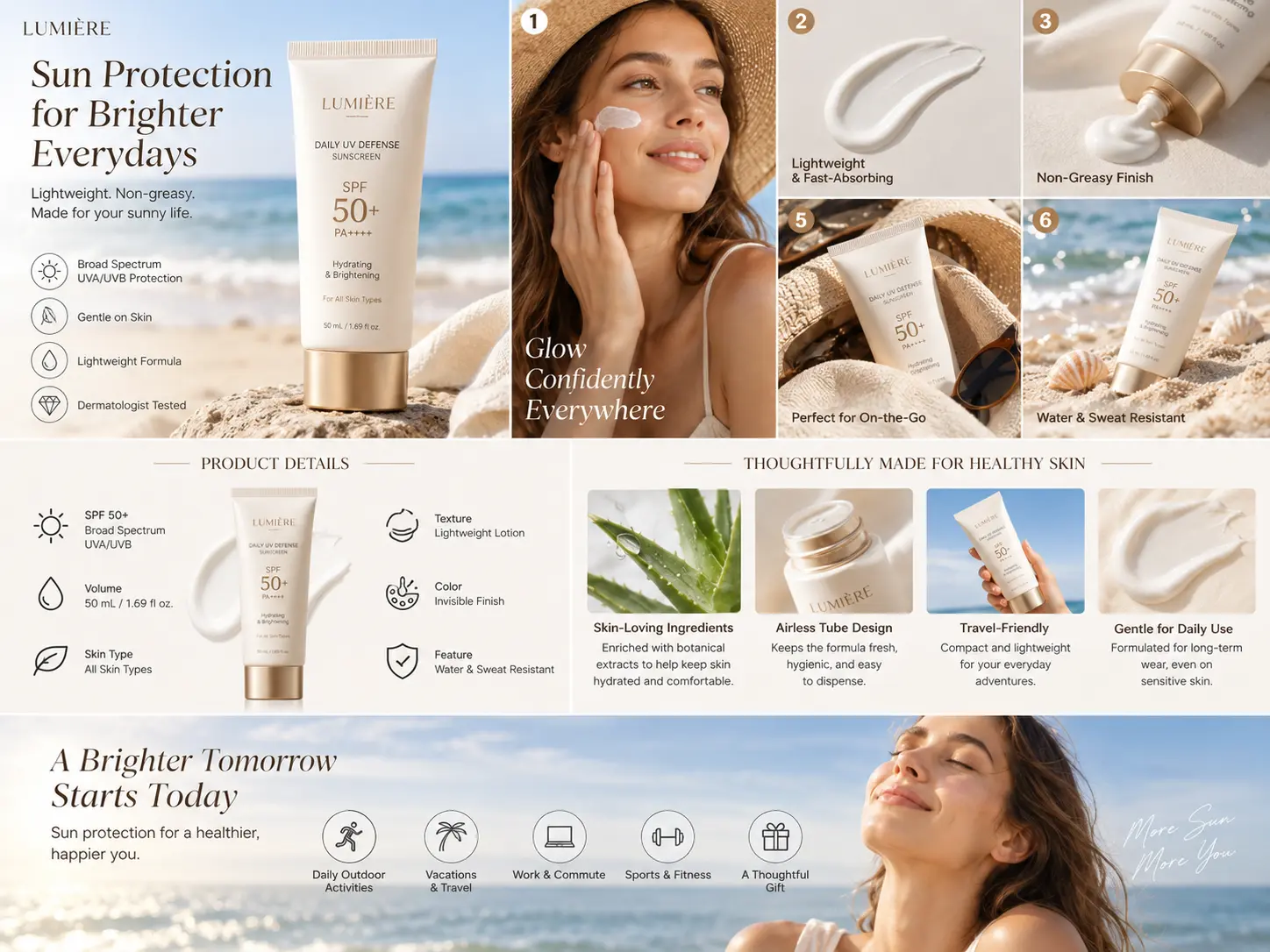 sunscreen product content with lifestyle scenes