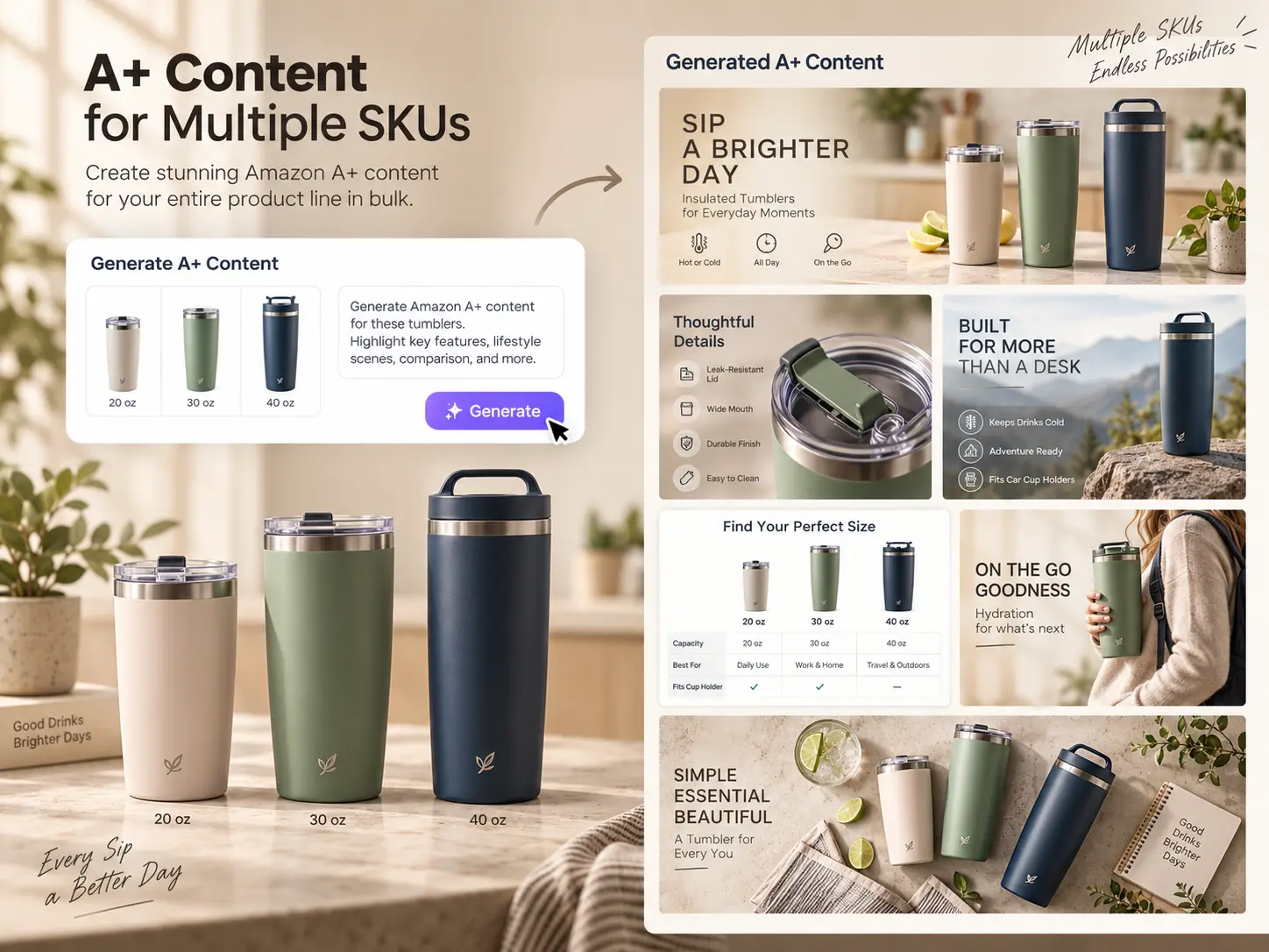 tumbler product content for multiple sizes
