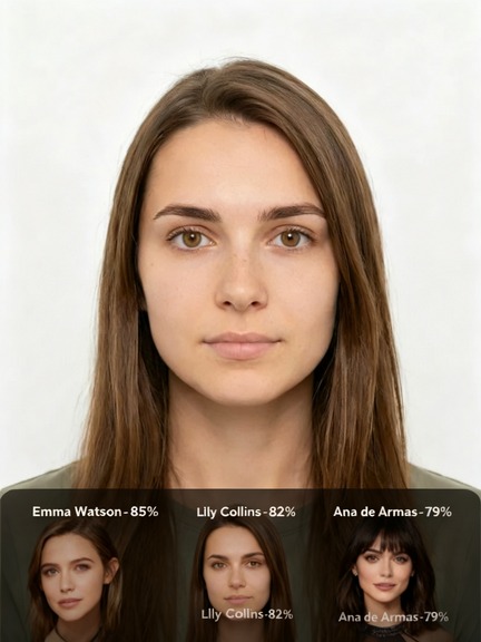 A celebrity look alike result from Magic Hour, showing three matches: Emma Watson at 85%, Lily Collins at 82%, and Ana de Armas at 79%.