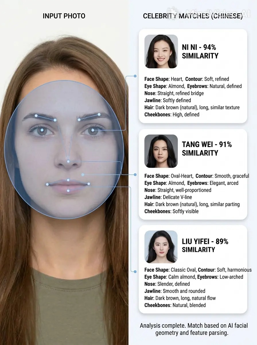 A celebrity look alike result from MindVideo, showing three Chinese celebrity matches: Ni Ni at 94%, Tang Wei at 91%, and Liu Yifei at 89%, each with a facial feature breakdown.