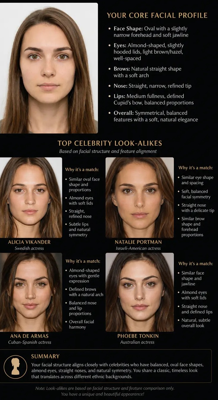 A celebrity look alike result from EaseMate AI, showing a core facial profile and four celebrity matches: Alicia Vikander, Natalie Portman, Ana de Armas, and Phoebe Tonkin, each with a feature-by-feature breakdown.