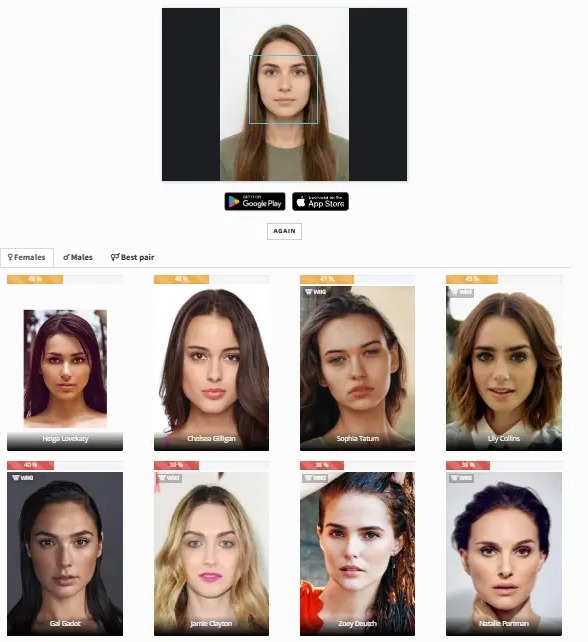 A screenshot of StarByFace's celebrity look alike results under the Females tab, showing eight matches with similarity scores from 48% to 36%.