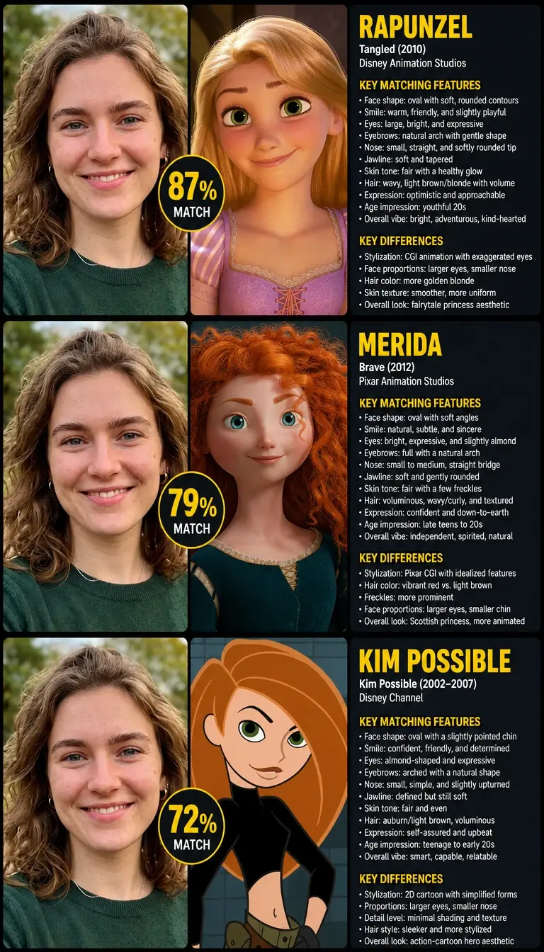PicLumen anime character look alike results with similarity scores and facial feature comparison