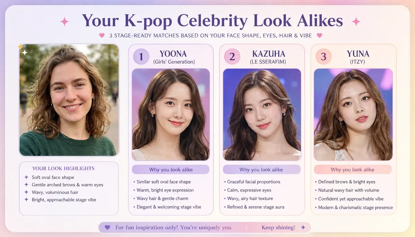 PicLumen K-pop celebrity look alike finder with three idol matches and shared facial features