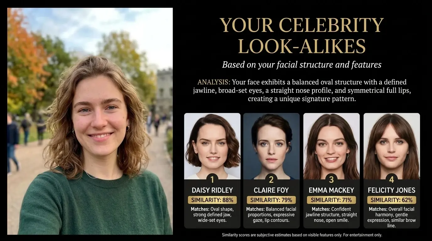 PicLumen celebrity look alike results with facial analysis, match scores, and celebrity comparisons