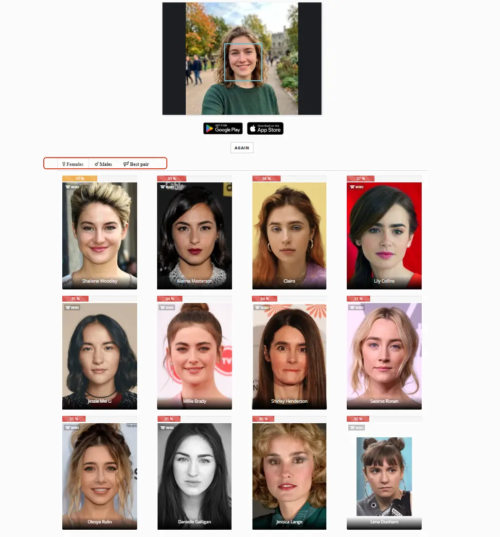 StarByFace celebrity look alike results with similarity percentages from a real test