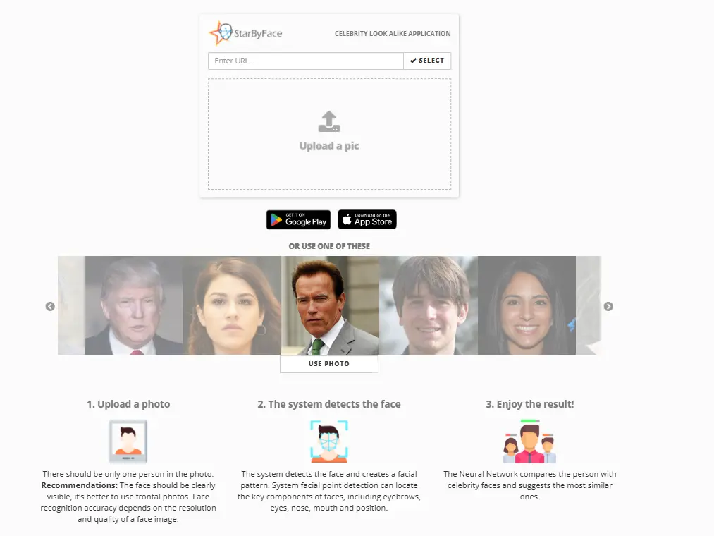StarByFace celebrity look alike upload page showing the face matching process