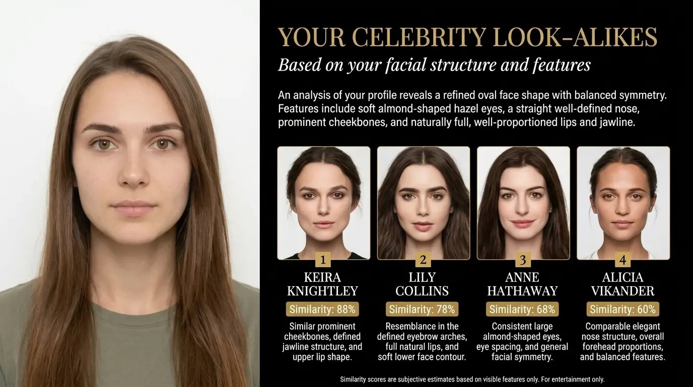 A celebrity look alike poster generated by PicLumen, showing four matches: Keira Knightley at 88%, Lily Collins at 78%, Anne Hathaway at 68%, and Alicia Vikander at 60%.