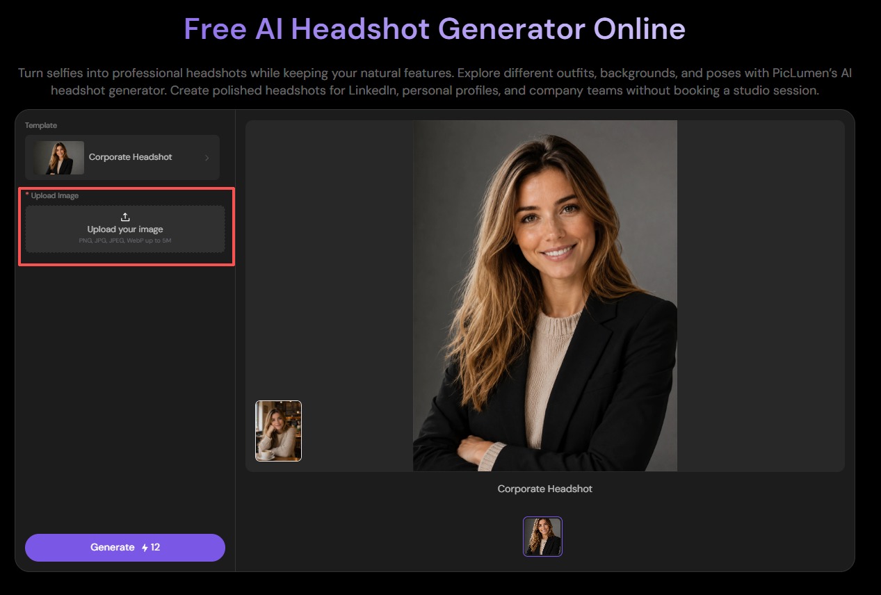 A screenshot of the PicLumen AI headshot generator with the upload area highlighted.