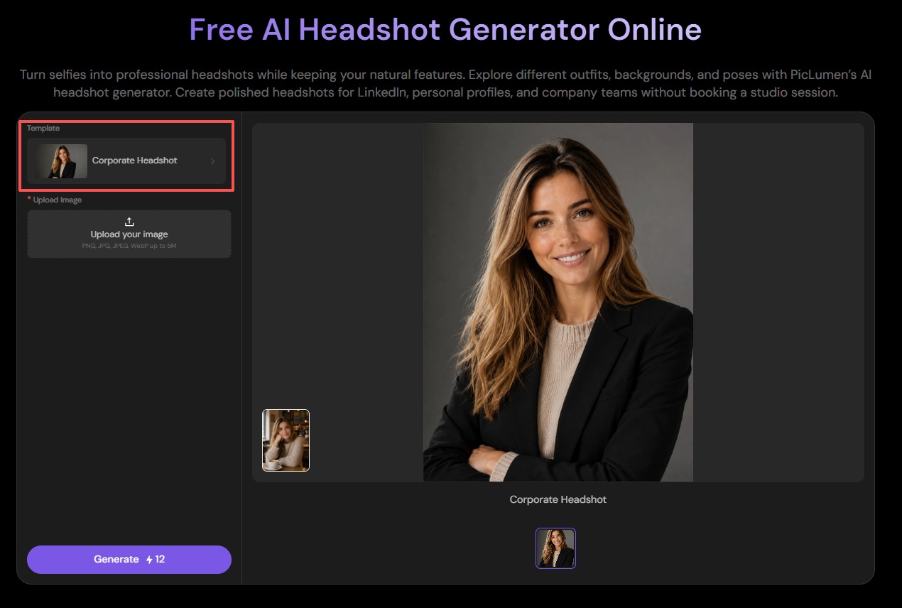 A screenshot of the PicLumen AI headshot generator with the Template section highlighted.