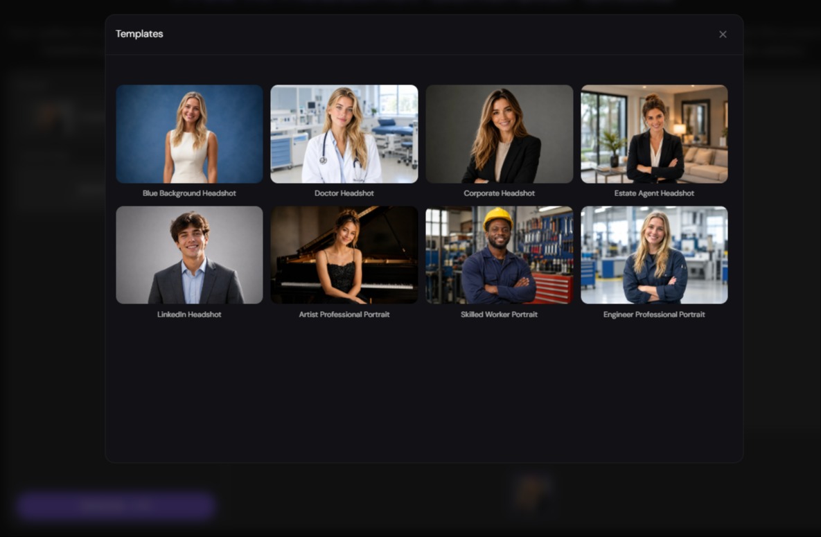 A screenshot of the PicLumen headshot template menu showing eight professional options, from Blue Background to Engineer Professional Portrait. Each template is labeled with a name and a preview image.