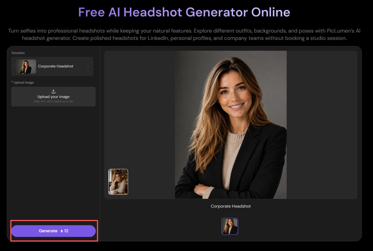 A screenshot of the PicLumen AI headshot generator with the purple Generate button highlighted.