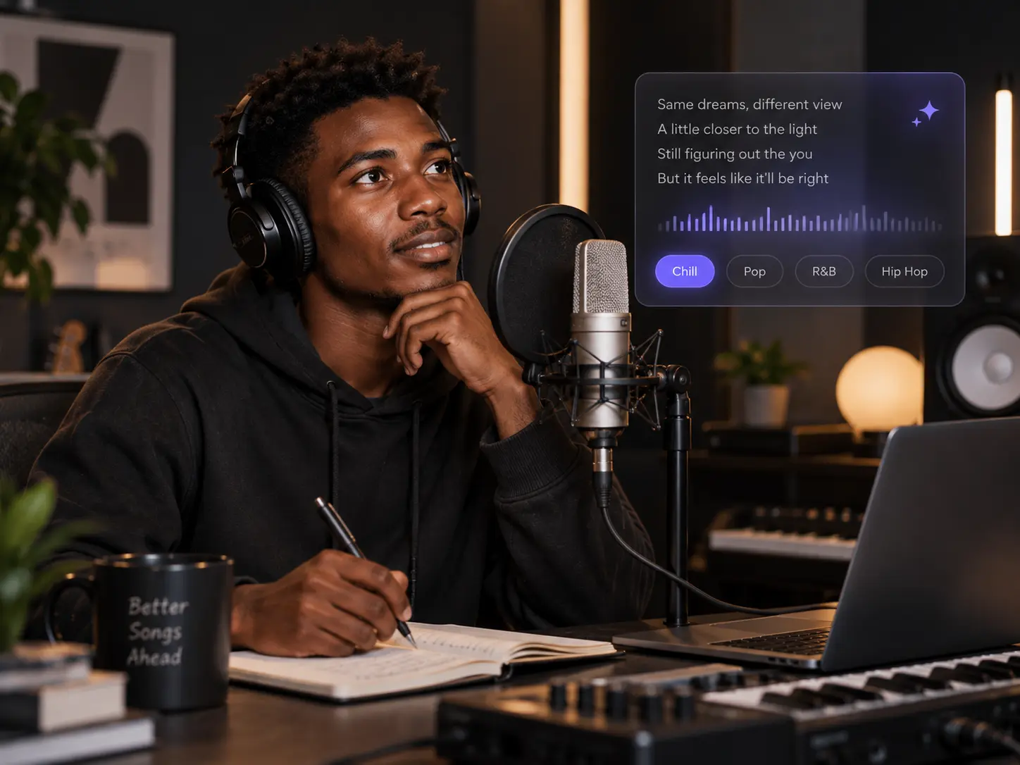 PicLumen AI lyrics generator creating song lyrics from a music idea and style