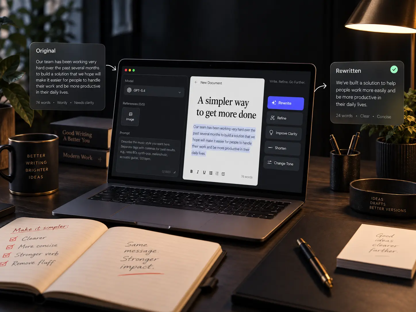 PicLumen AI text generator rewriting and refining existing text for clearer copy