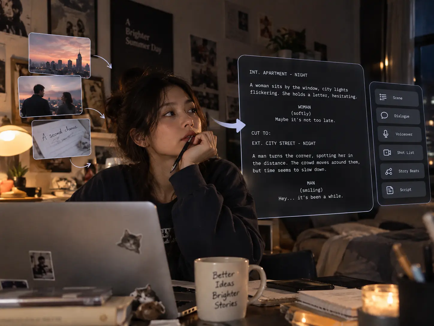 PicLumen AI text generator creating scripts, dialogue, and story scenes from a simple concept