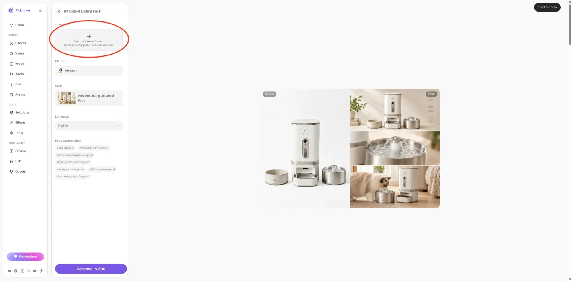 > A screenshot of the PicLumen Intelligent Listing Pack interface with the "Select or Create Product" button highlighted.