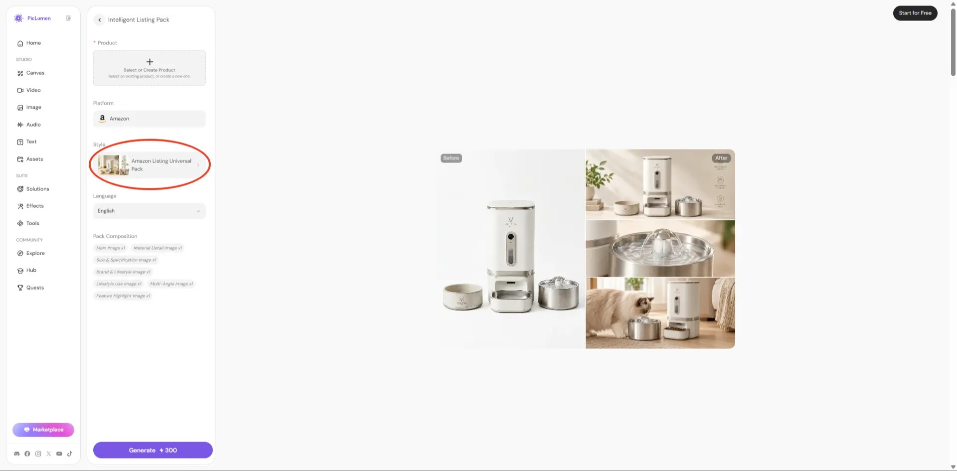 > A screenshot of the PicLumen Intelligent Listing Pack interface with the Style section highlighted.