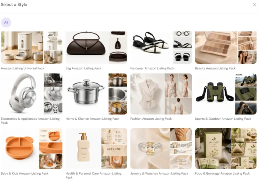 > A screenshot of the PicLumen style selection panel with 12 Amazon listing style options.