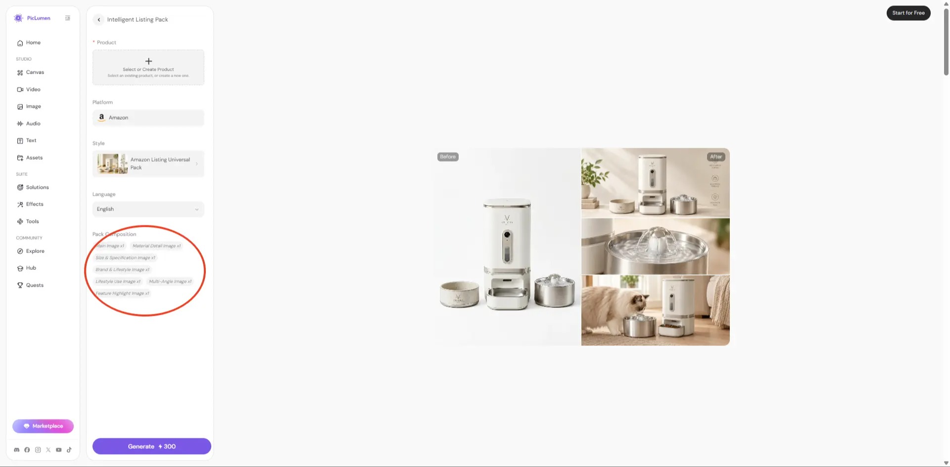 > A screenshot of the PicLumen Intelligent Listing Pack interface with the Pack Composition section highlighted.