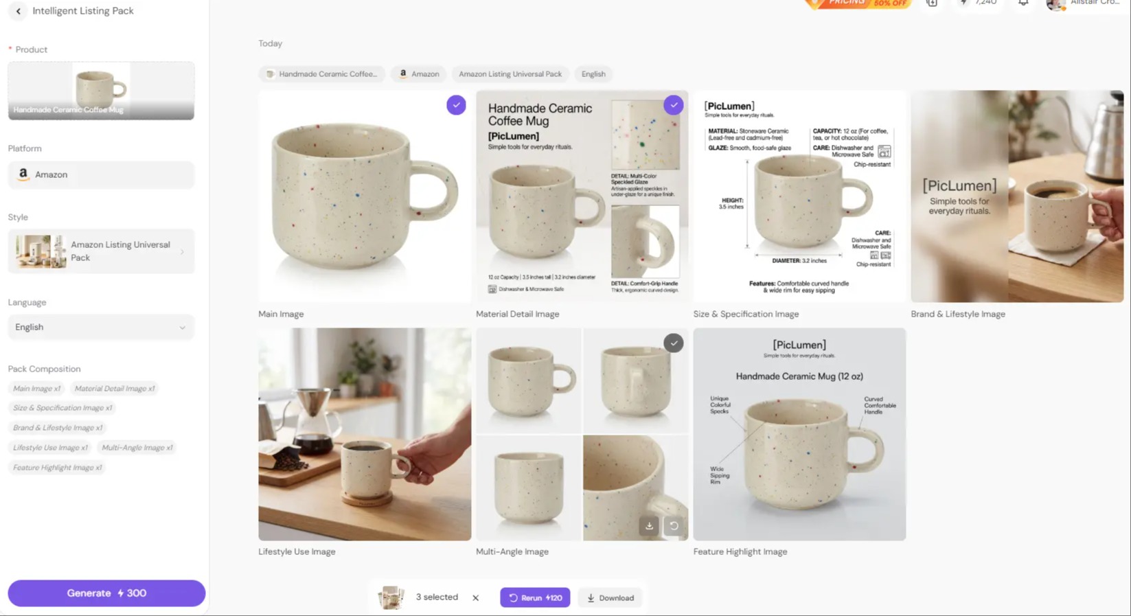 > A screenshot of the PicLumen Intelligent Listing Pack showing seven generated Amazon listing images with options to select, regenerate, or download them.