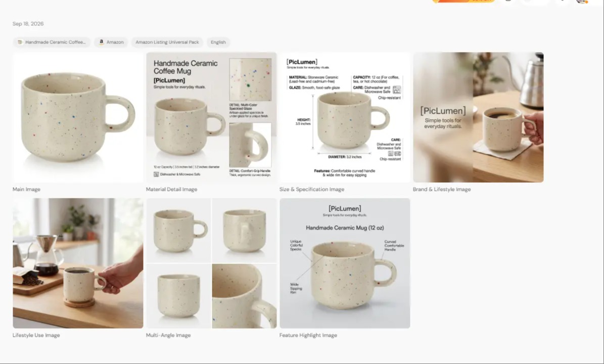 > A screenshot of seven AI-generated Amazon listing images for a ceramic mug in PicLumen.