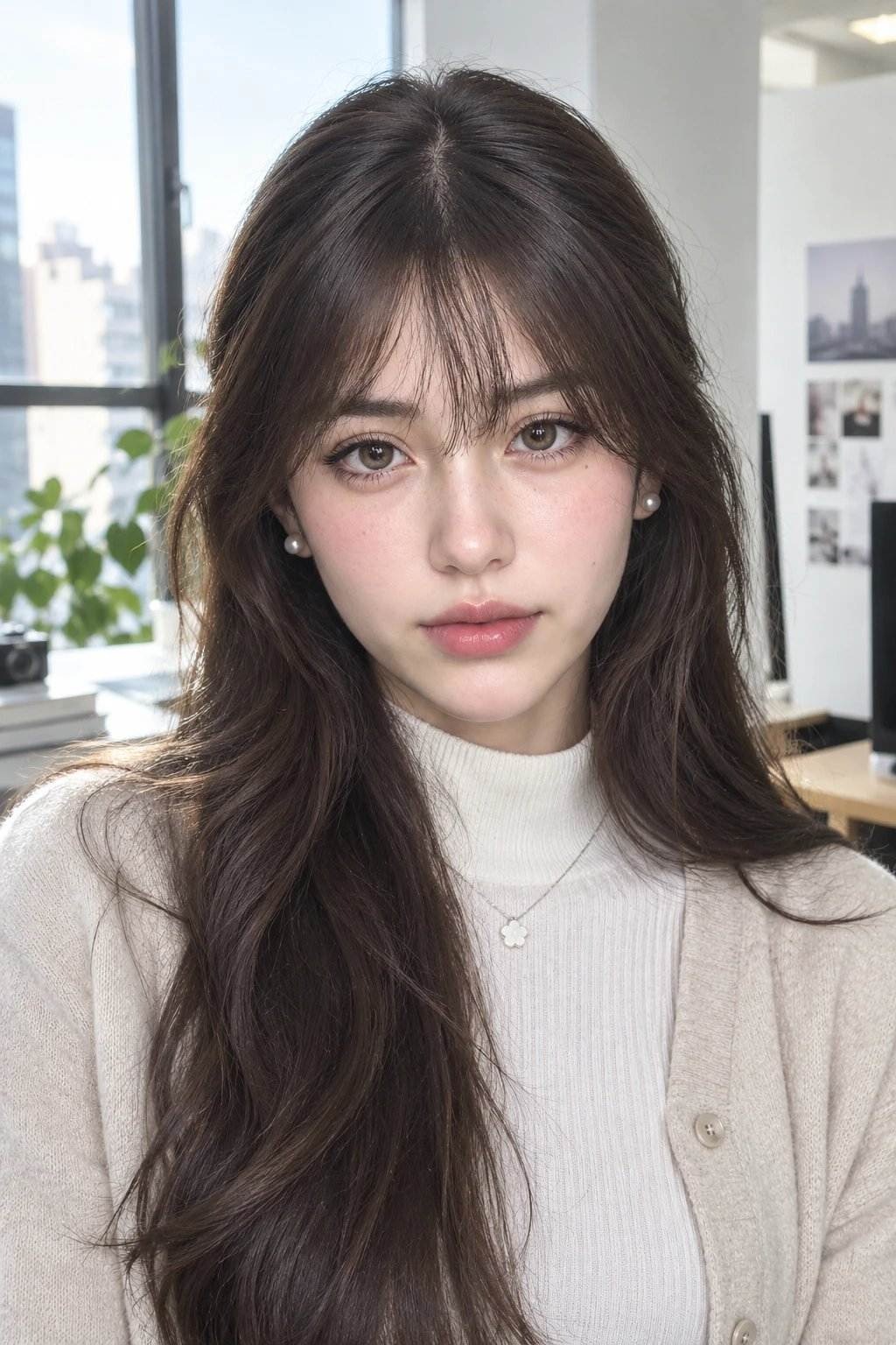 A photorealistic portrait of an AI influencer with long dark hair, natural makeup, and a soft smile, generated by PicLumen.