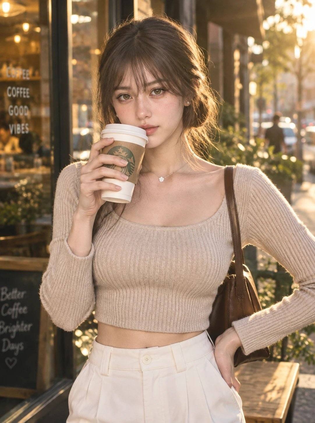 A lifestyle photo of an AI influencer holding a coffee cup outside a café, generated by PicLumen.