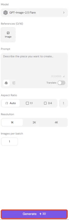 A screenshot of the PicLumen AI image generator with the Generate button highlighted.