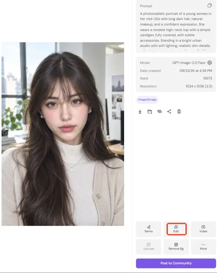 A generated AI influencer portrait in PicLumen with the Edit button highlighted.