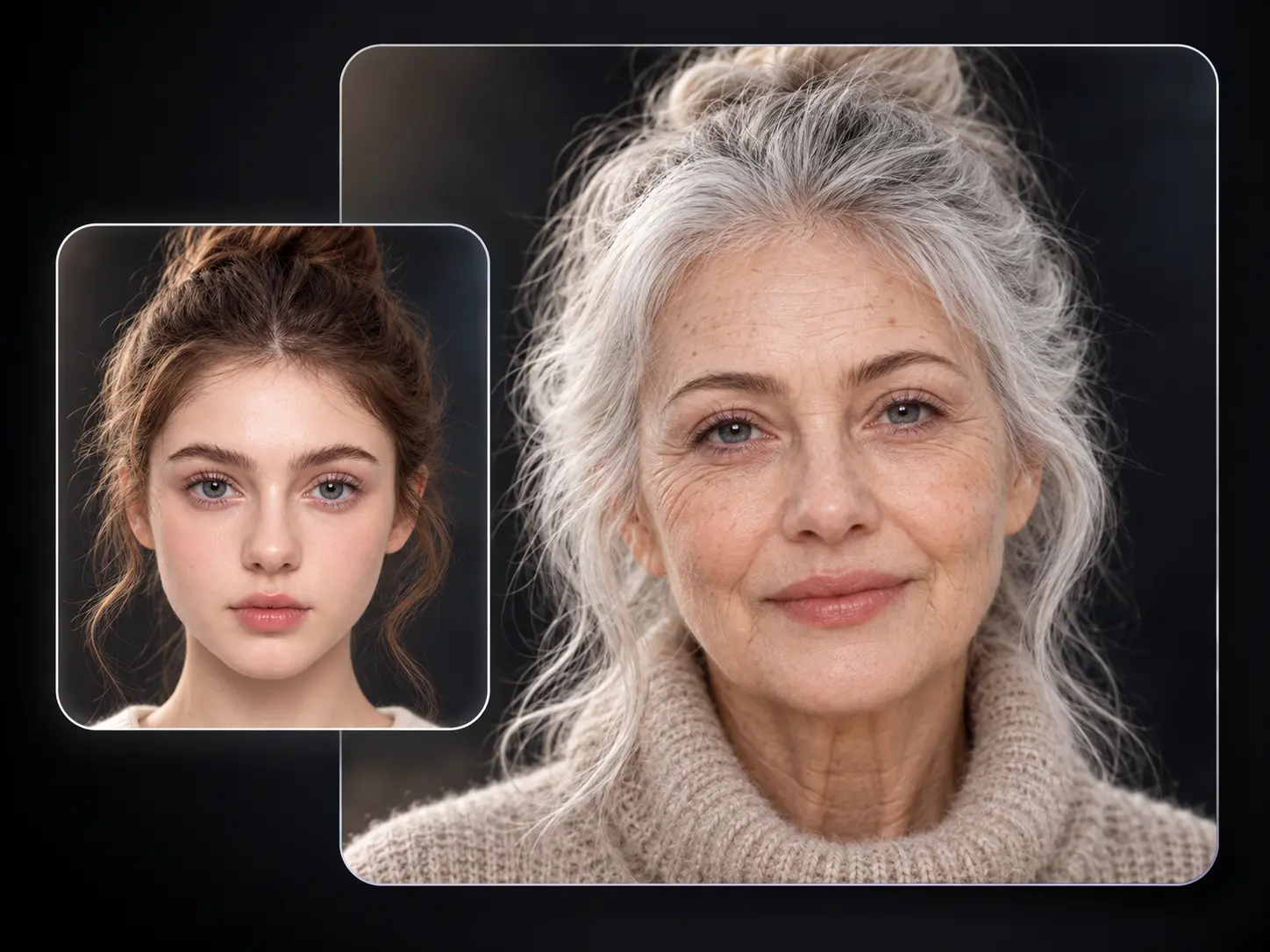 PicLumen AI age progression before-and-after portrait showing a young woman and her elderly appearance