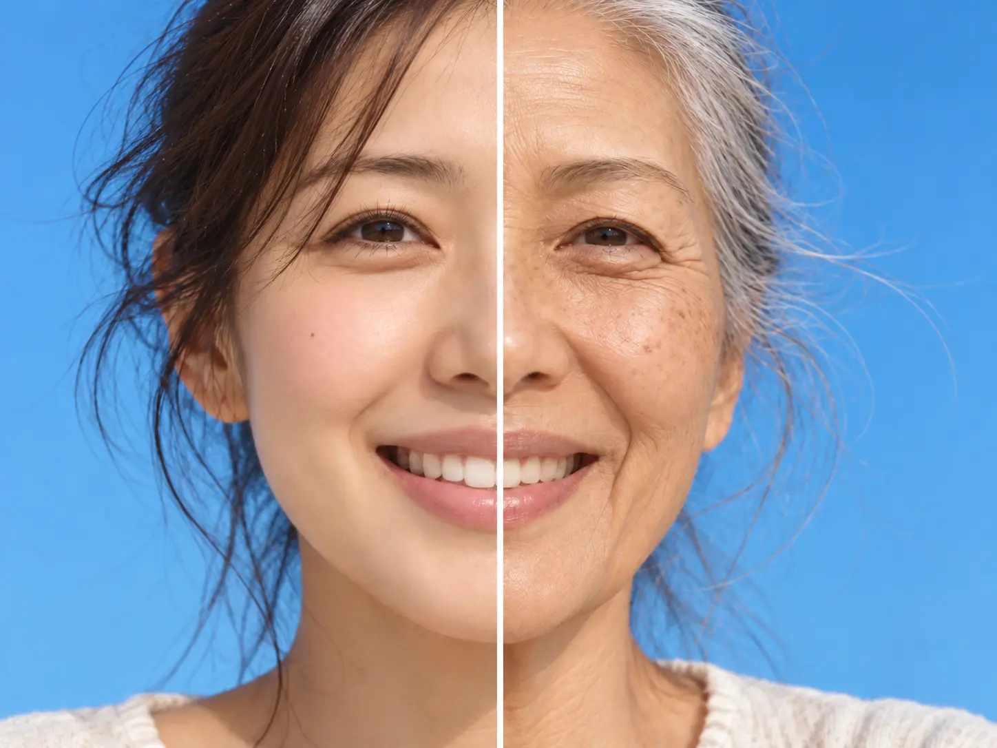 PicLumen AI photo age progression showing the same woman before and after natural aging