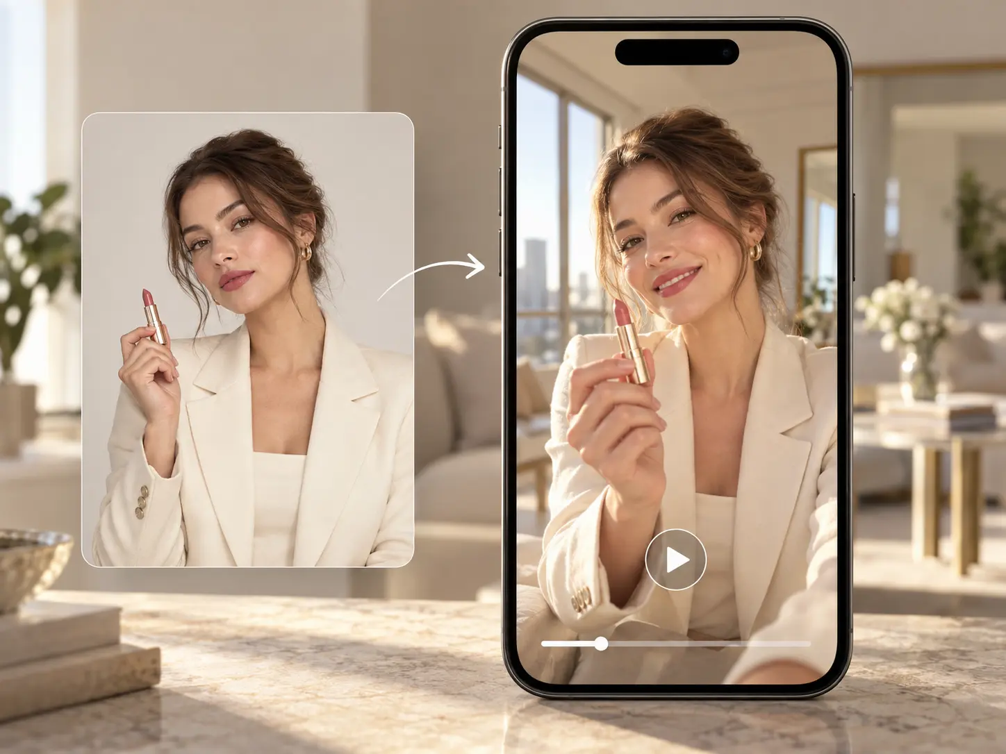 ファッションモデルの写真がUGC風動画に変わる様子