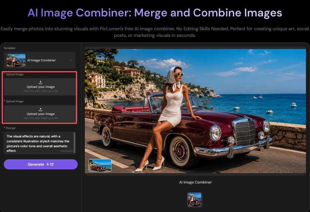 A screenshot of the PicLumen AI Image Combiner with both Upload Image boxes highlighted.