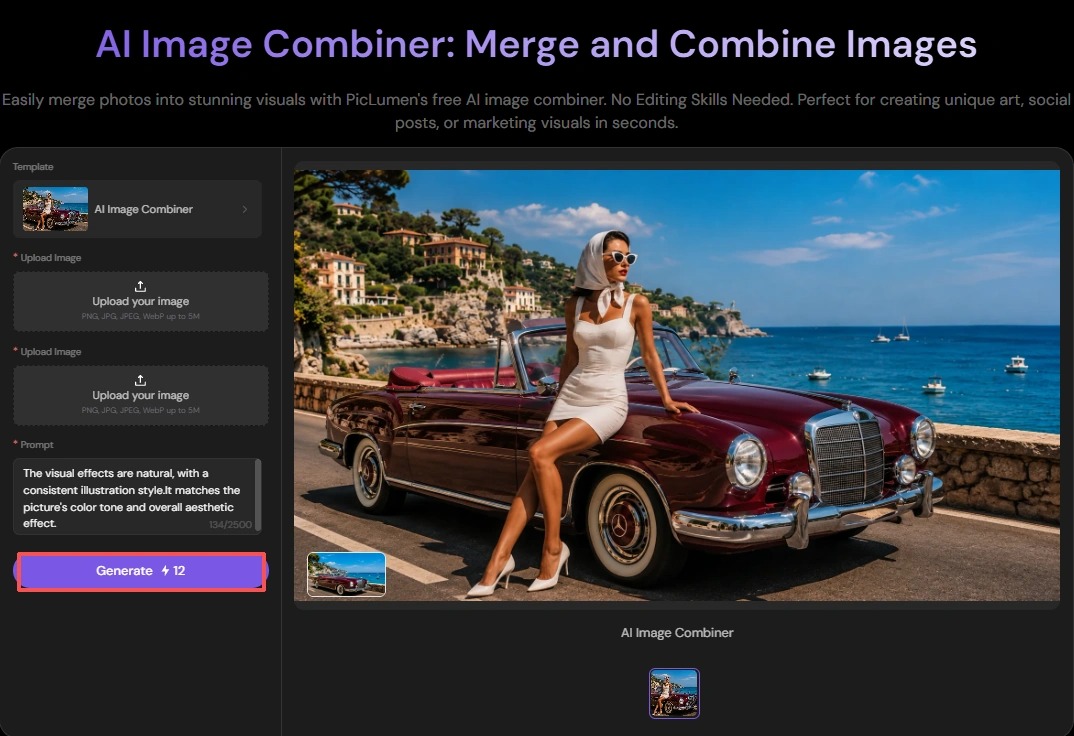 A screenshot of the PicLumen AI Image Combiner with the Generate button highlighted.