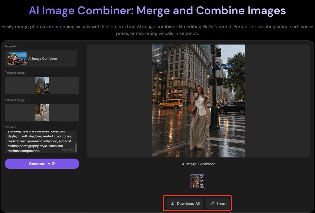 > A screenshot of the PicLumen AI Image Combiner with the Download All and Share buttons highlighted.