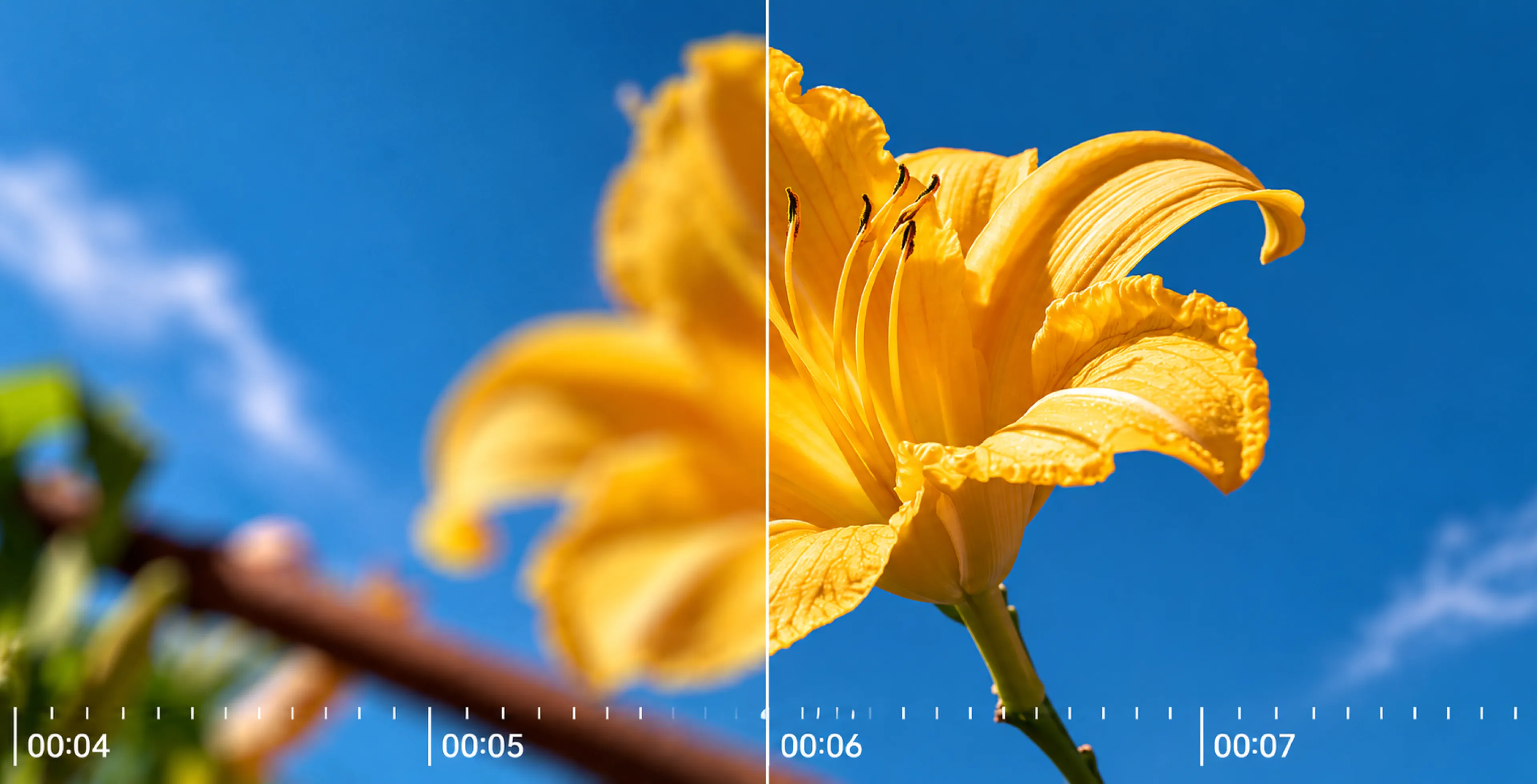 before and after enhancement of a yellow flower video