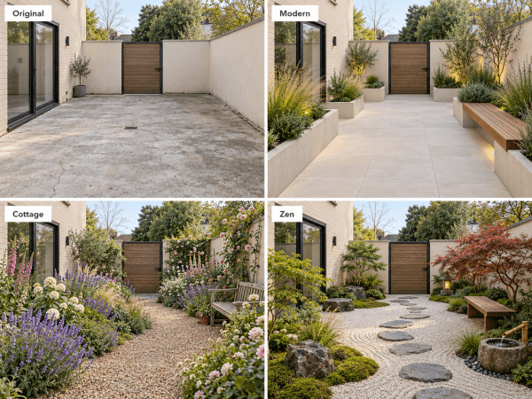 um pátio vazio transformado em jardins de estilo moderno, campestre e zen.