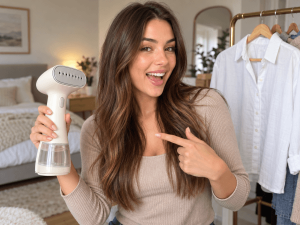 an avatar holding a garment steamer
