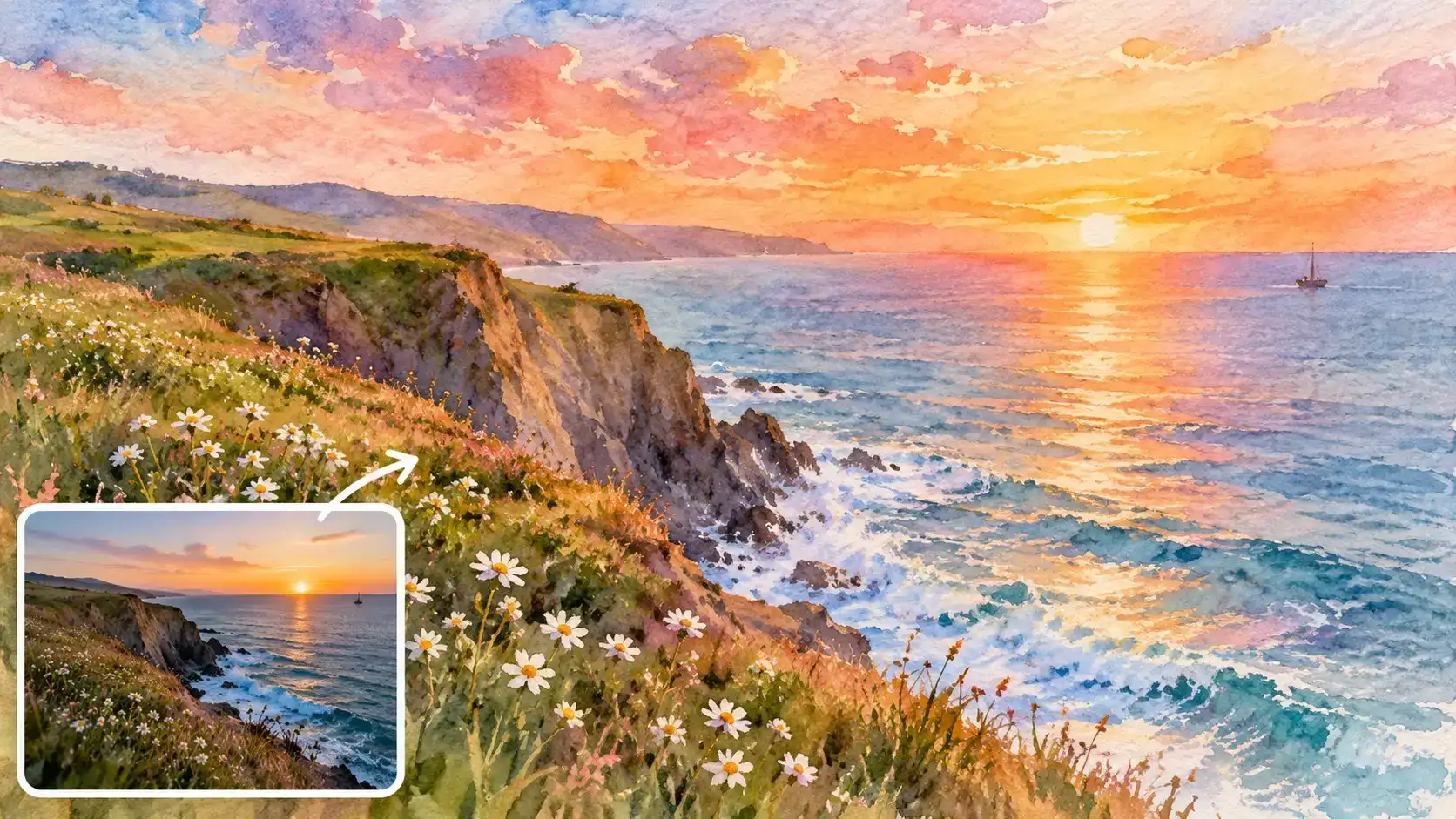 將海邊懸崖上的夕陽照片轉換成水彩畫